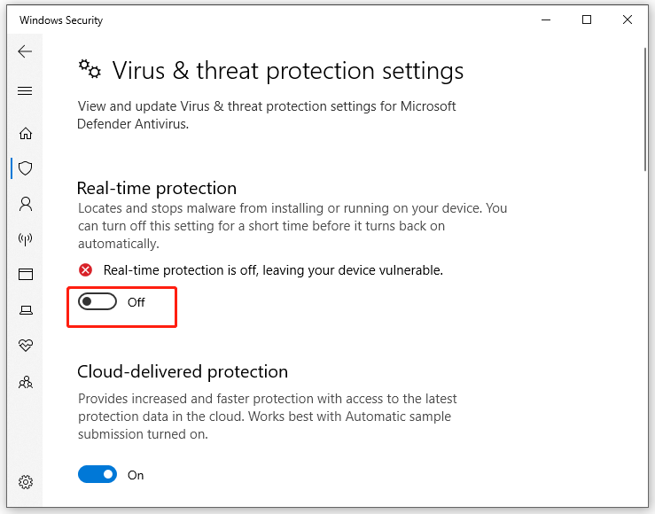 toggle off Real-time protection