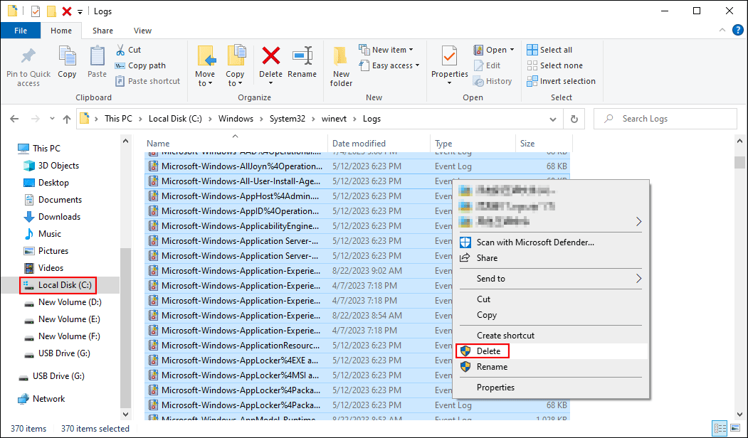 delete Windows event logs