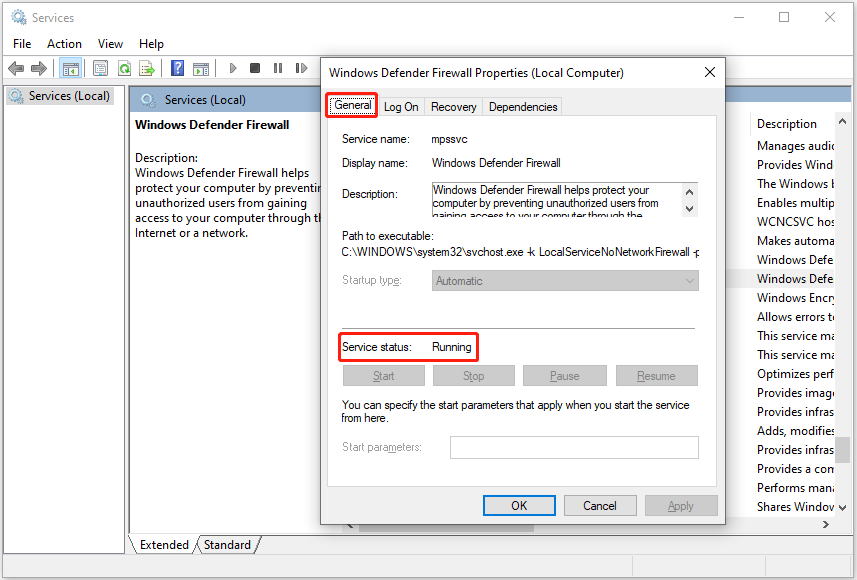 check the Windows Defender Firewall status