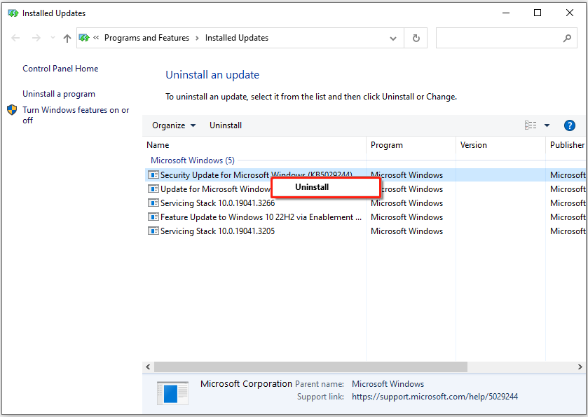 uninstall the update