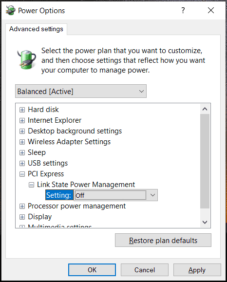 disable Link State Power Management