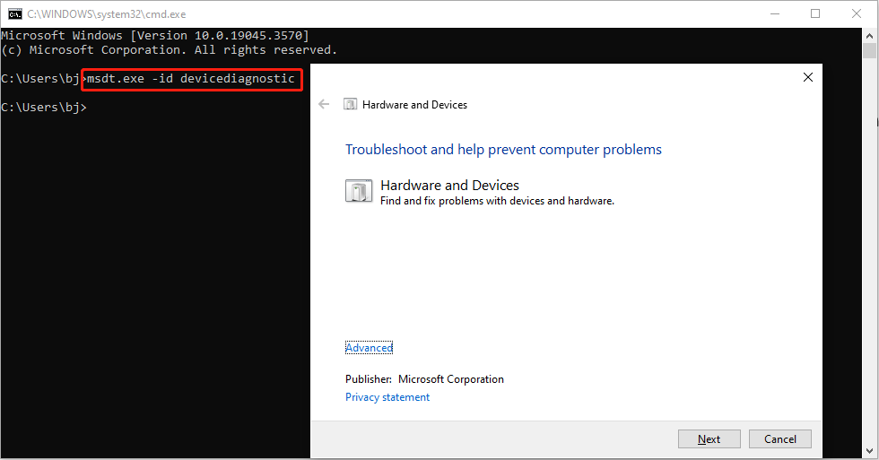open the Hardware and Devices troubleshooter