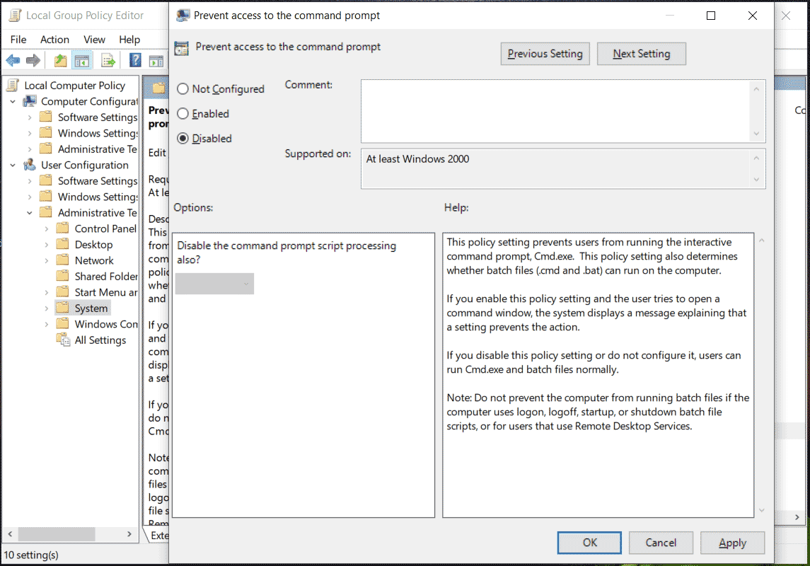 prevent access to the command prompt