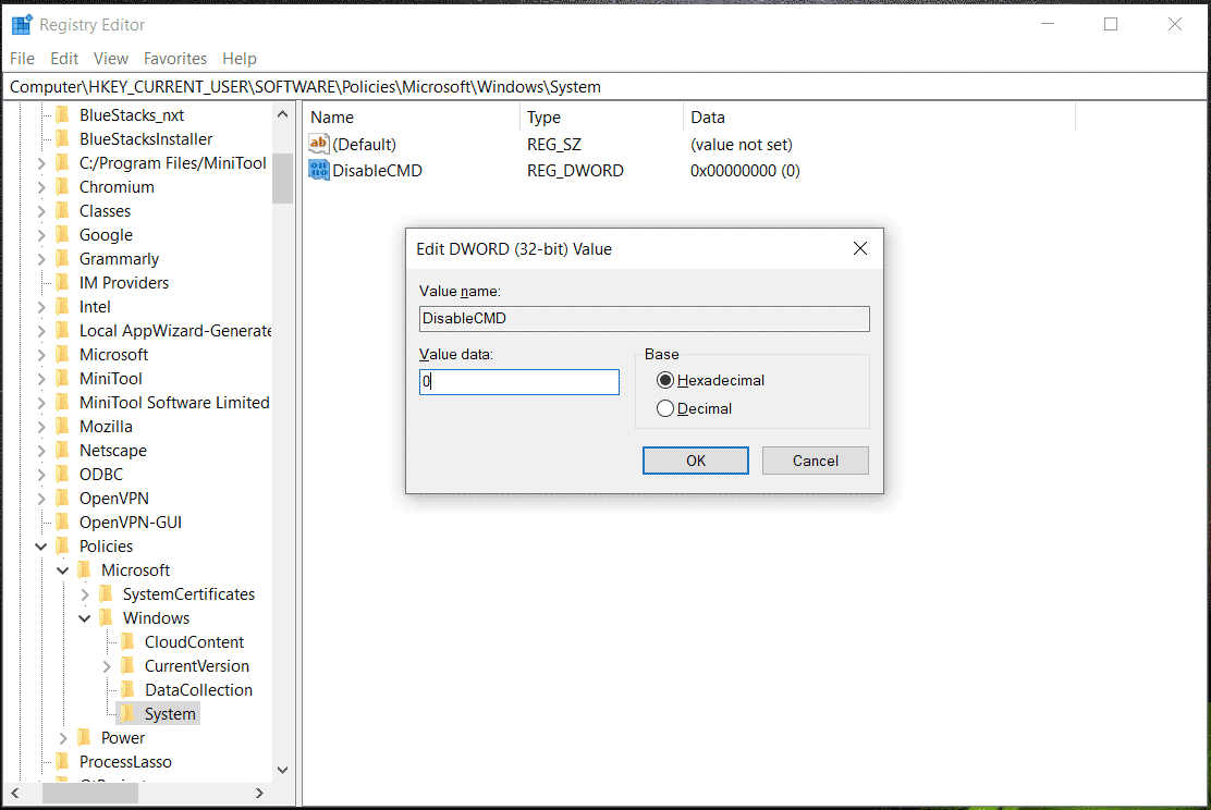 DisableCMD key in registry editor