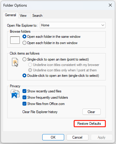 click the Restore Default button on each tab