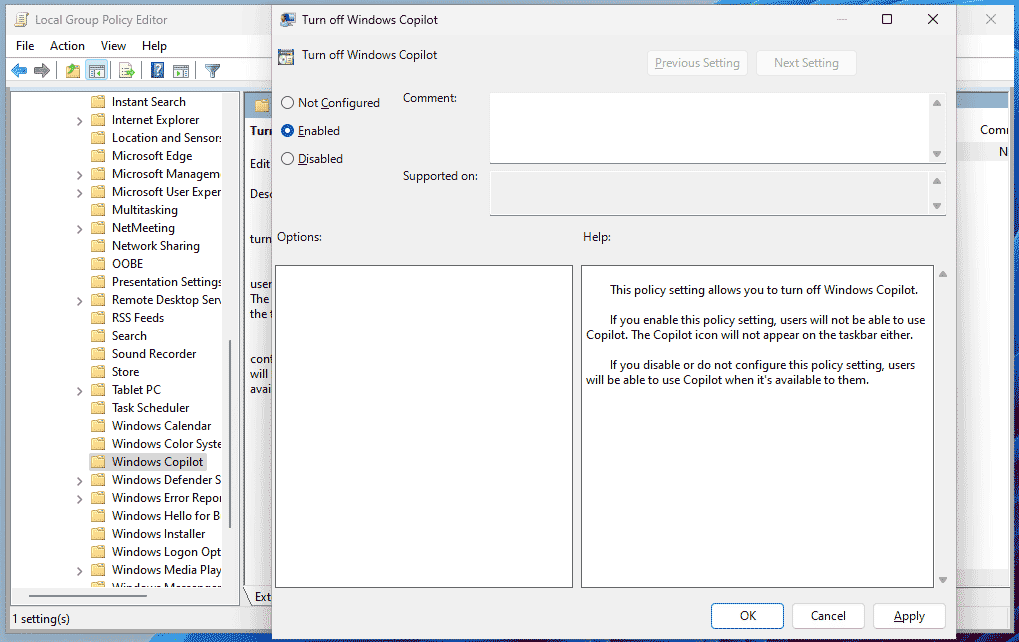 disable Windows 11 Copilot via group policy