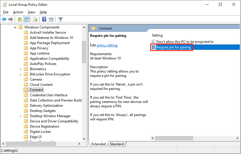 find the Require pin for pairing policy