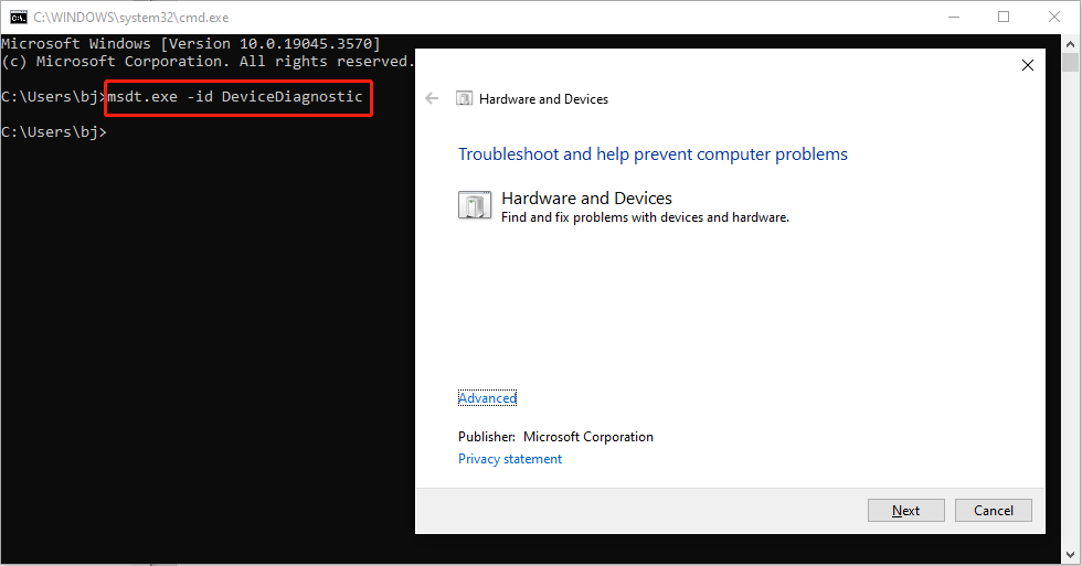 open the Hardware and Devices troubleshooter