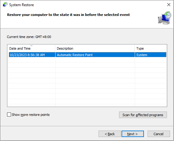choose the restore point