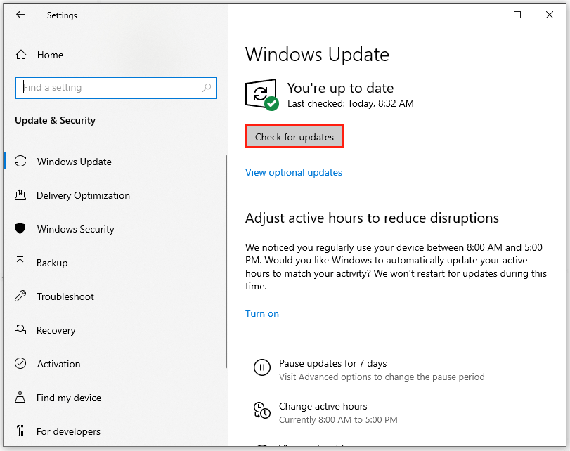 click Check for updates