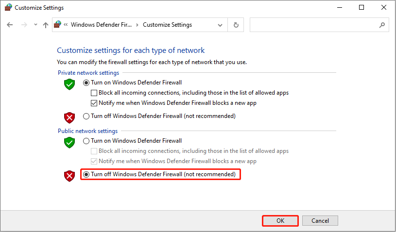turn off the Windows Firewall in Public network