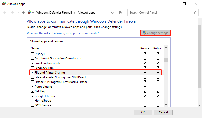 tickled the File and Printer Sharing