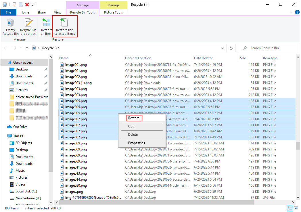 restore files from Recycle Bin