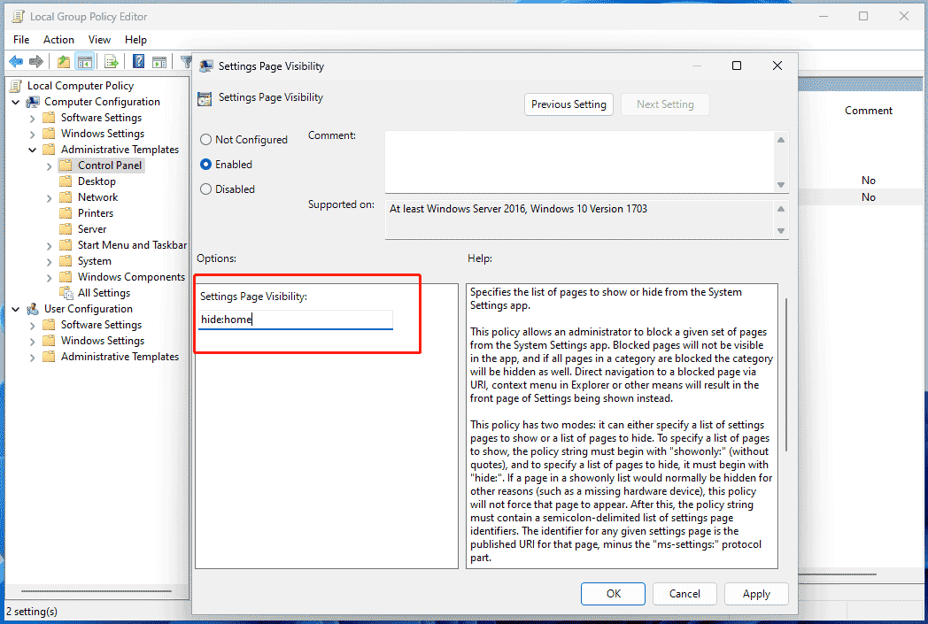 remove Windows 11 Settings Home group policy