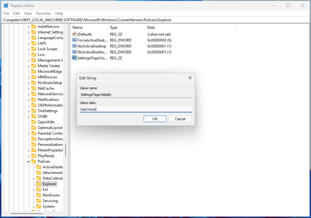 SettingsPageVisibility in registry