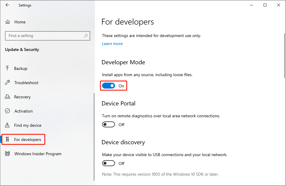 enable the Developer Mode