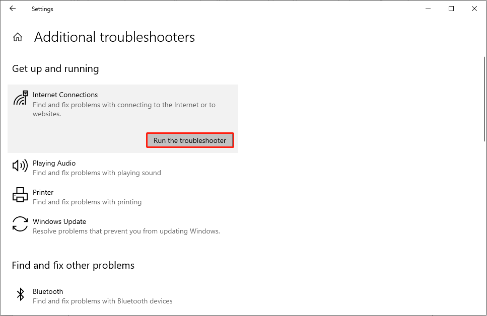 run the Internet Connections troubleshooter