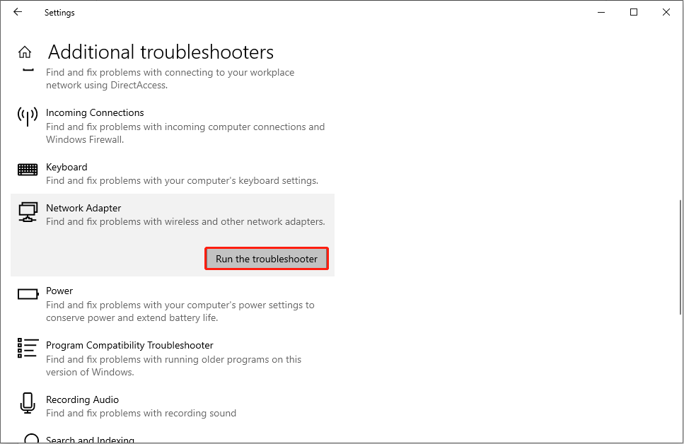 run the Network Adapter troubleshooter