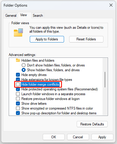 uncheck the Hide folder merge conflicts option