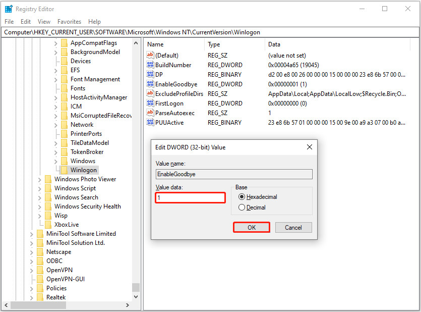 set up the value data to 1
