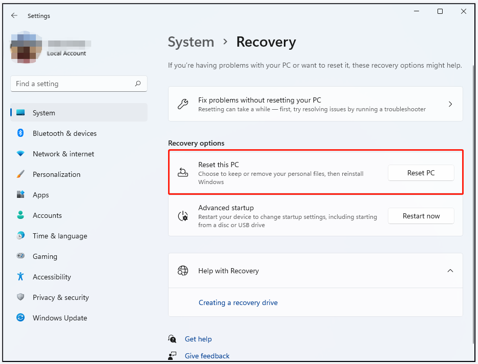 click Reset PC