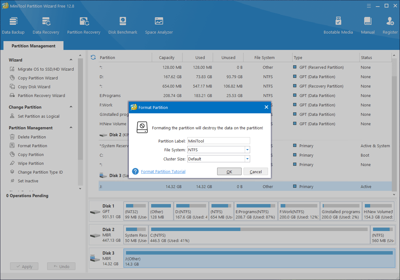 add a partition label and select a file system