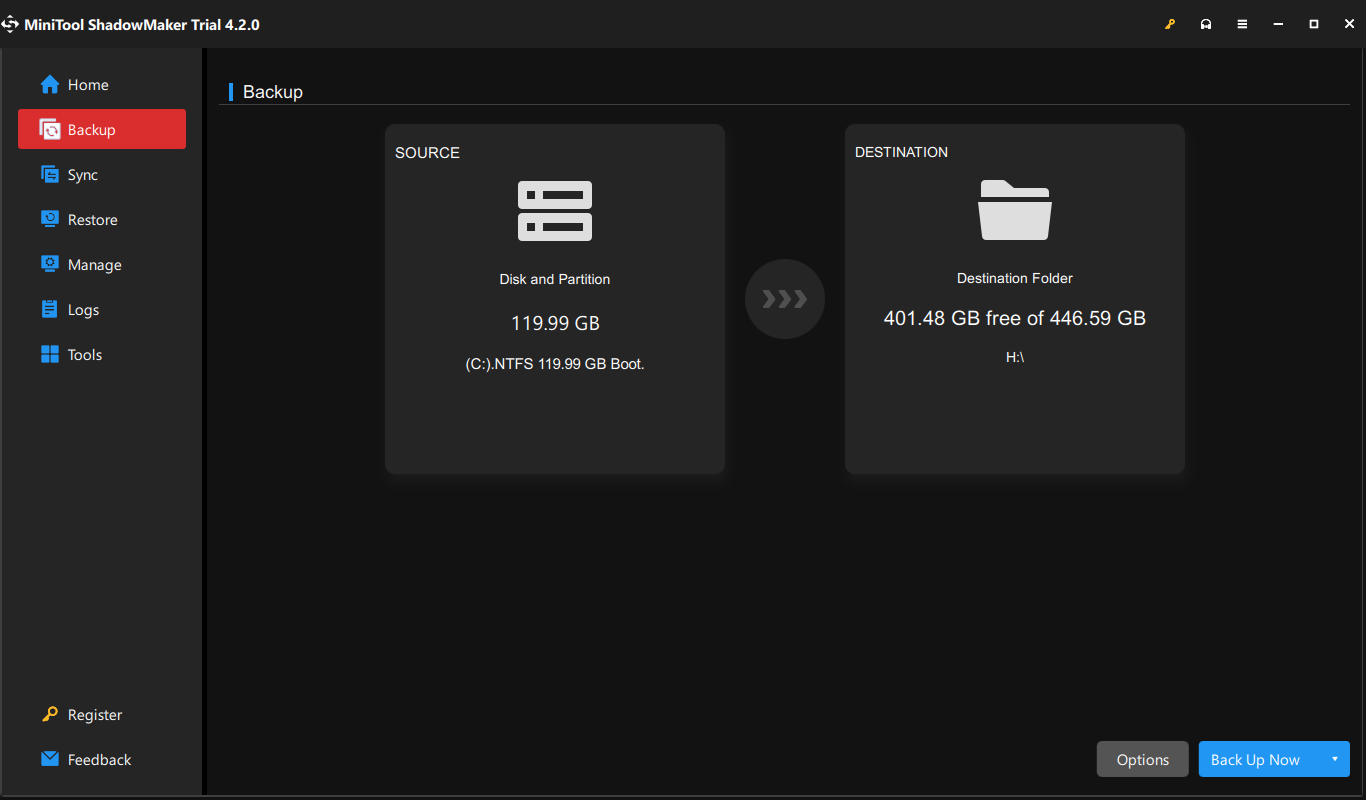 choose your backup source and destination