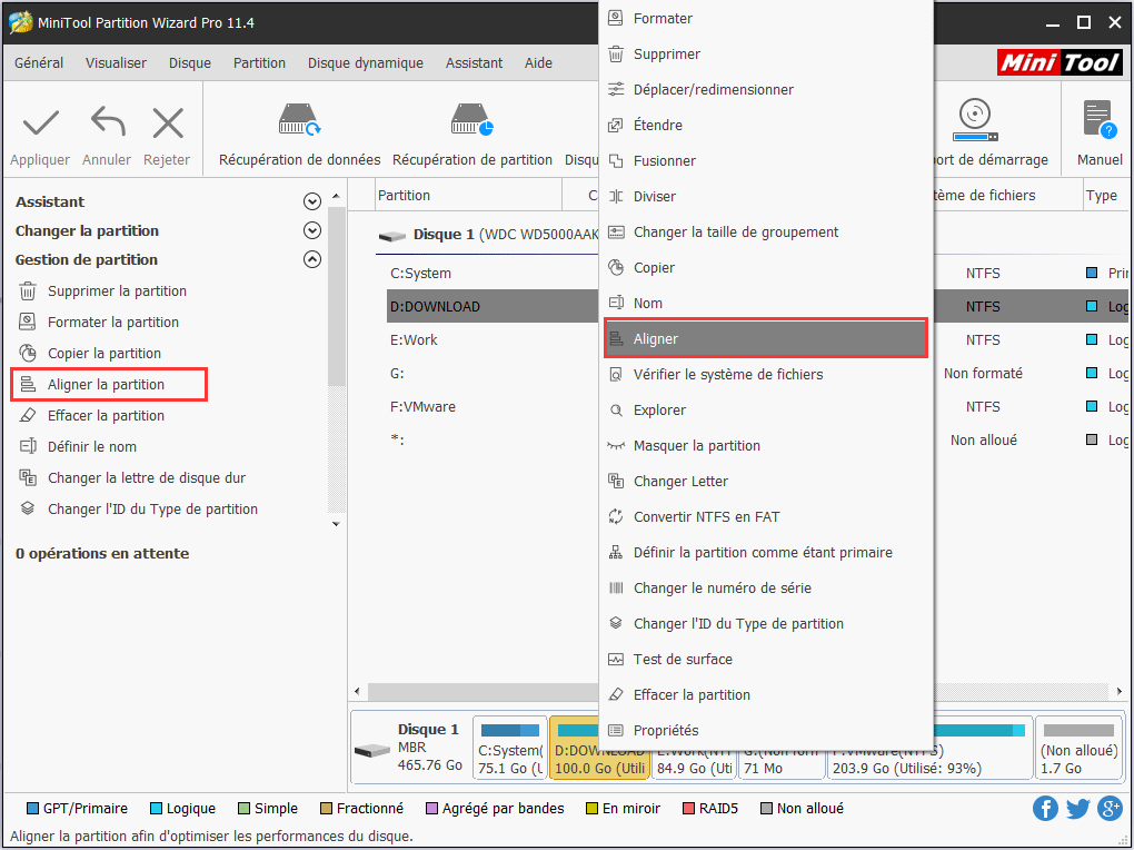 sélectionnez Aligner la partition