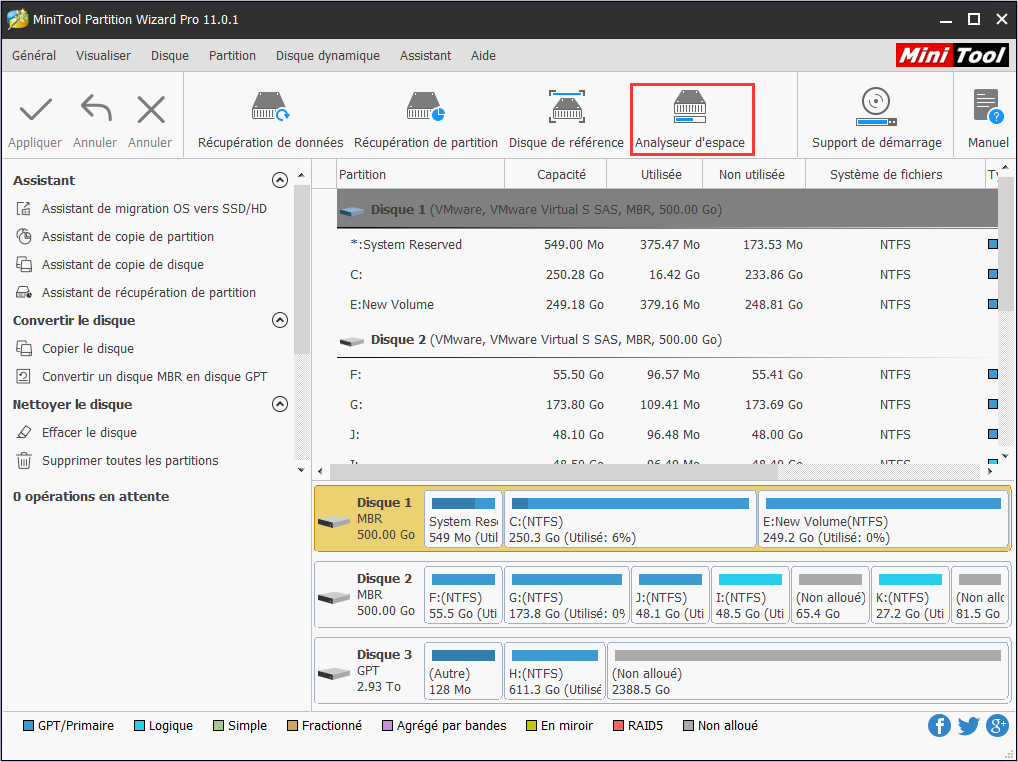 sélectionnez la fonction Analyseur d'espace dans la barre d'outils supérieure pour lancer l'analyseur d'utilisation du disque