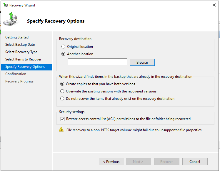 choose the recovery location