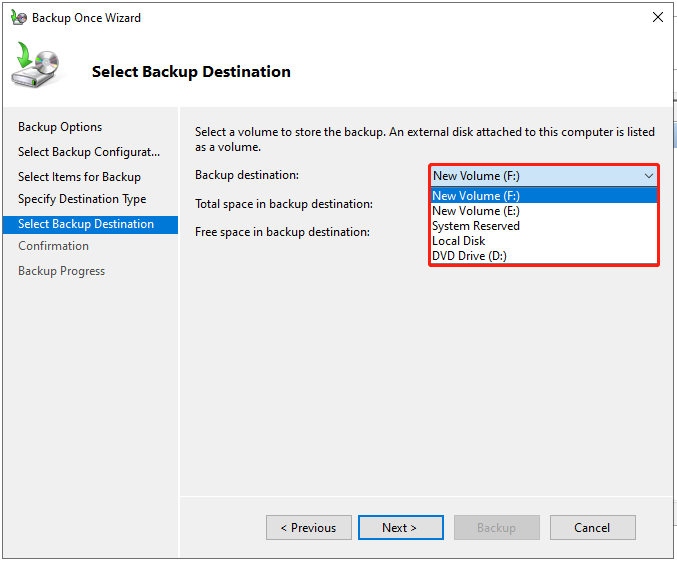 choose the backup destination