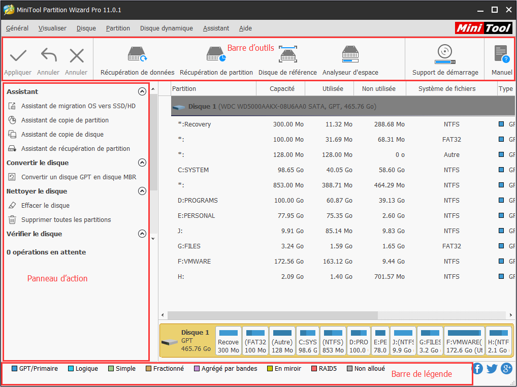 l'interface principale de MiniTool Partition Wizard