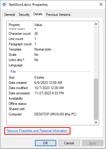 Remove Properties and Personal Information