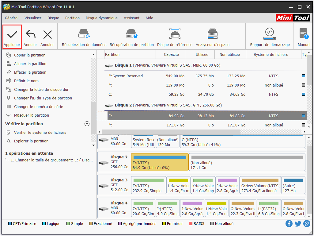 cliquez sur Appliquer pour compléter les modifications   