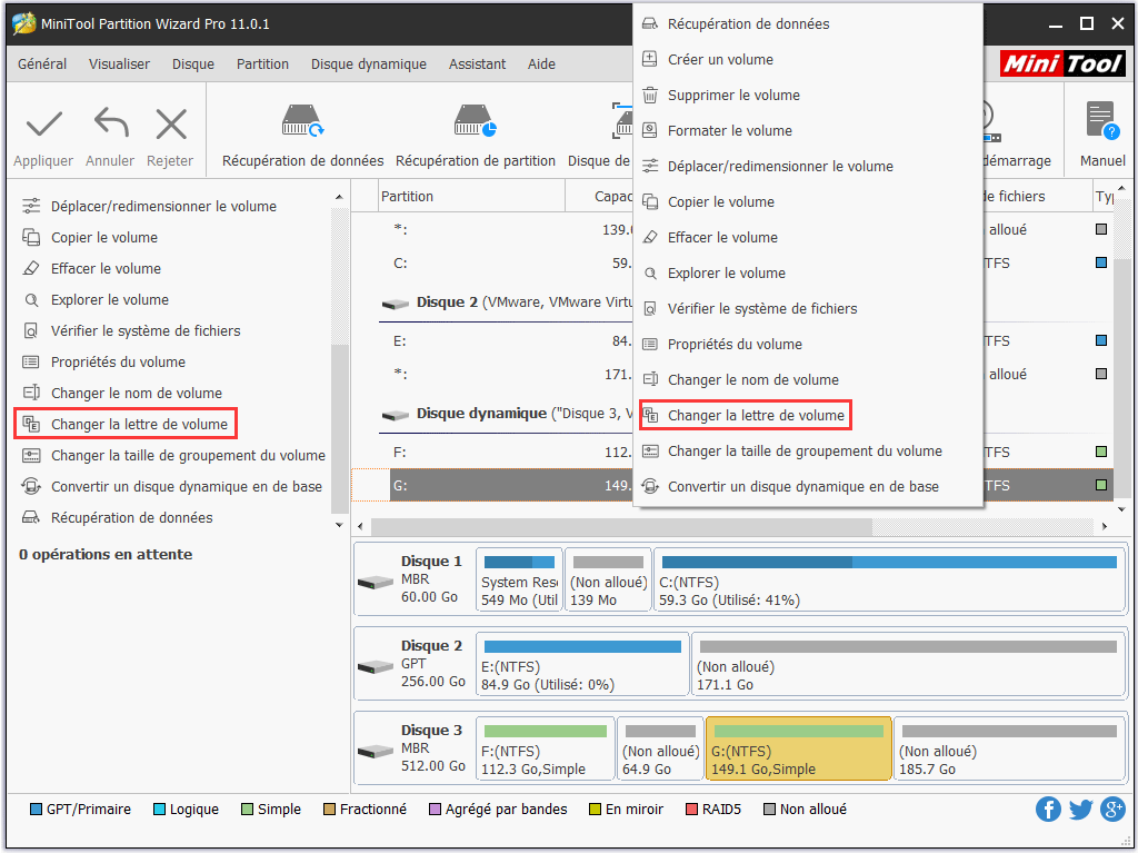 sélectionnez Changer la lettre de volume