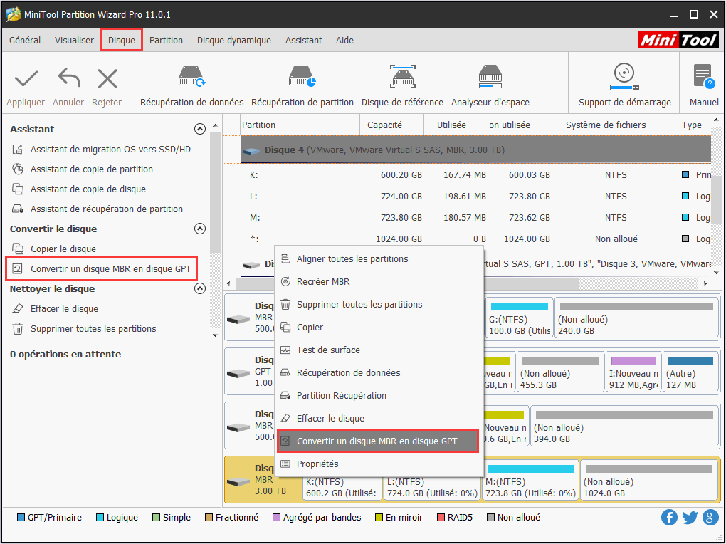 l'emplacement à choisir Convertir un disque MBR en disque GPT