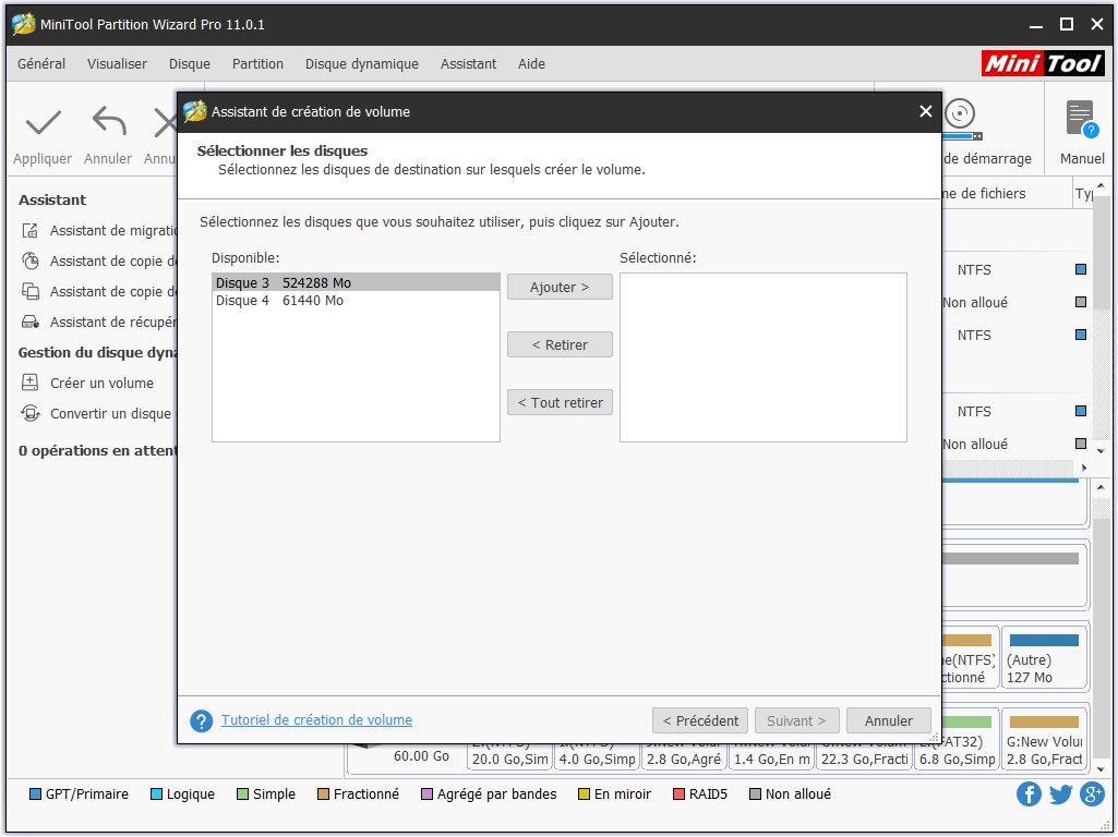 sélectionnez le disque de destination sur lequel le volume doit être créé