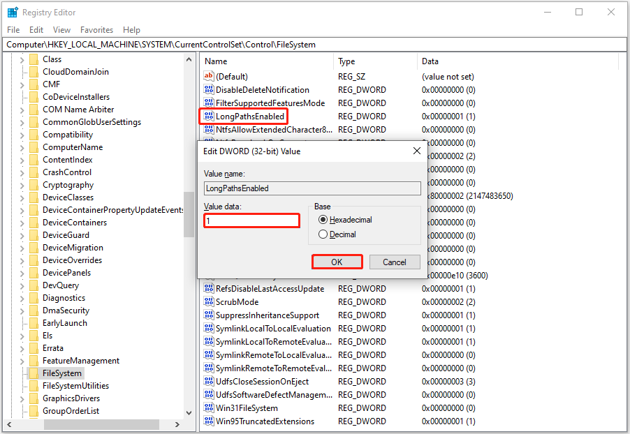 specify the value data to 1