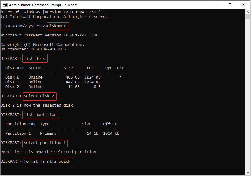 diskpart format disk command lines