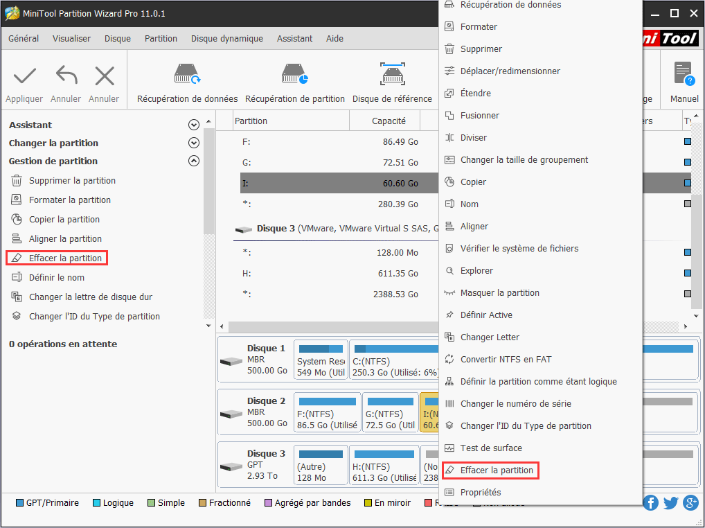 sélectionnez ensuite la partition cible et choisissez Effacer une partition dans le panneau d'action de gauche ou dans le menu contextuel