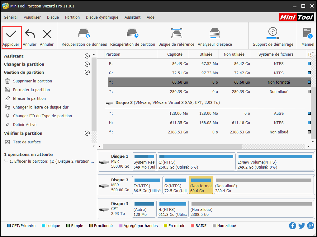 cliquez ensuite sur Appliquer pour commencer à effacer la partition