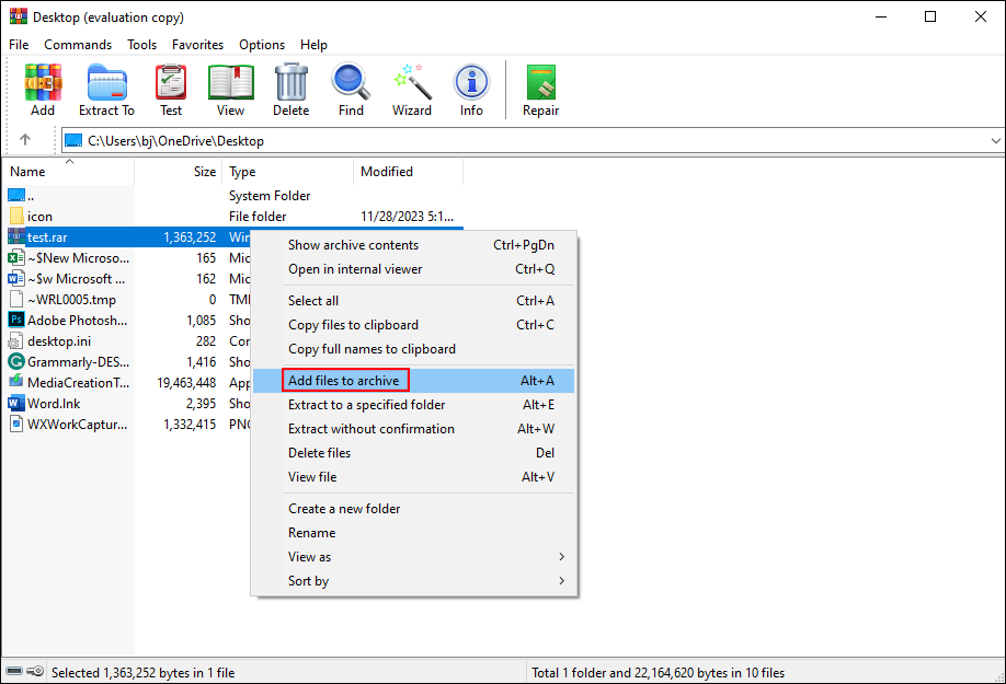 choose Add files to archive