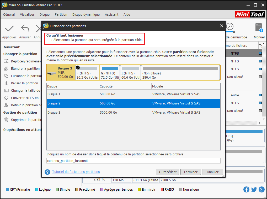 sélectionnez une partition adjacente pour fusionner