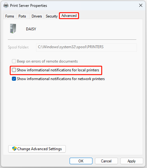 uncheck Show informational notifications for local printers