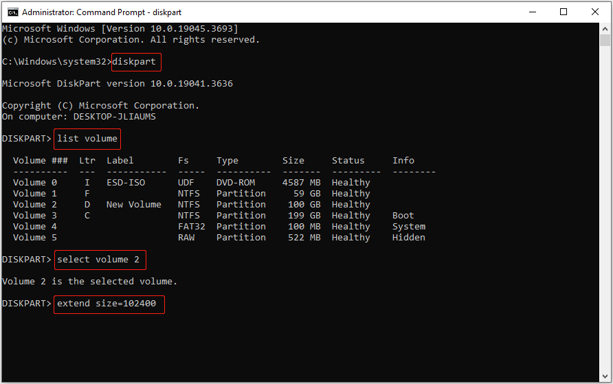 command lines to extend volume