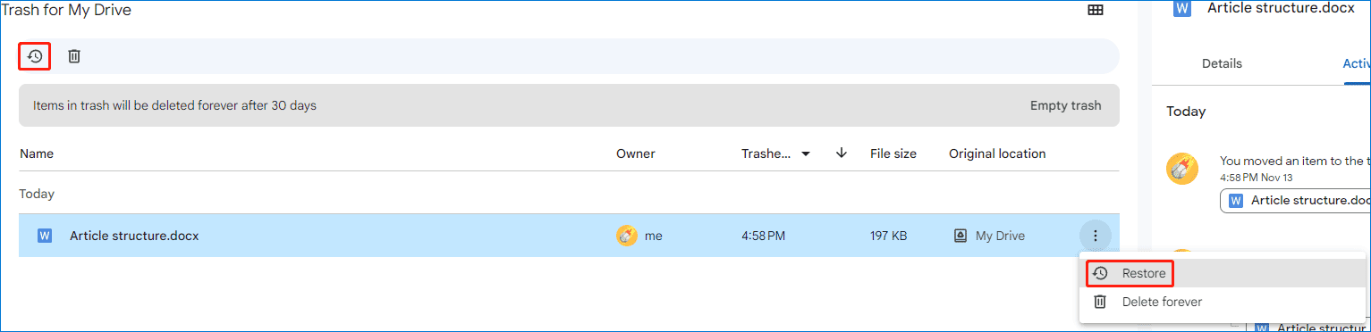 restore a deleted Googe Doc from the trash