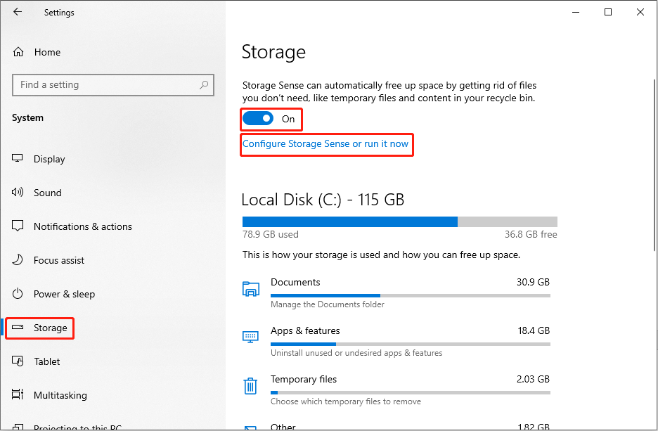 modify Storage Sense settings