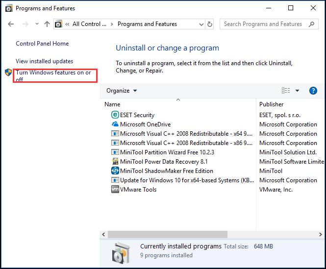 haga clic en Activar o desactivar las características de Windows