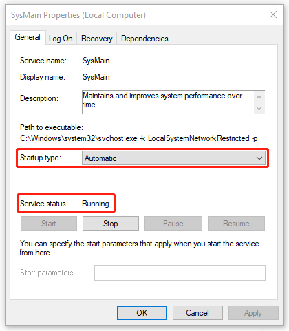 start the SysMain service