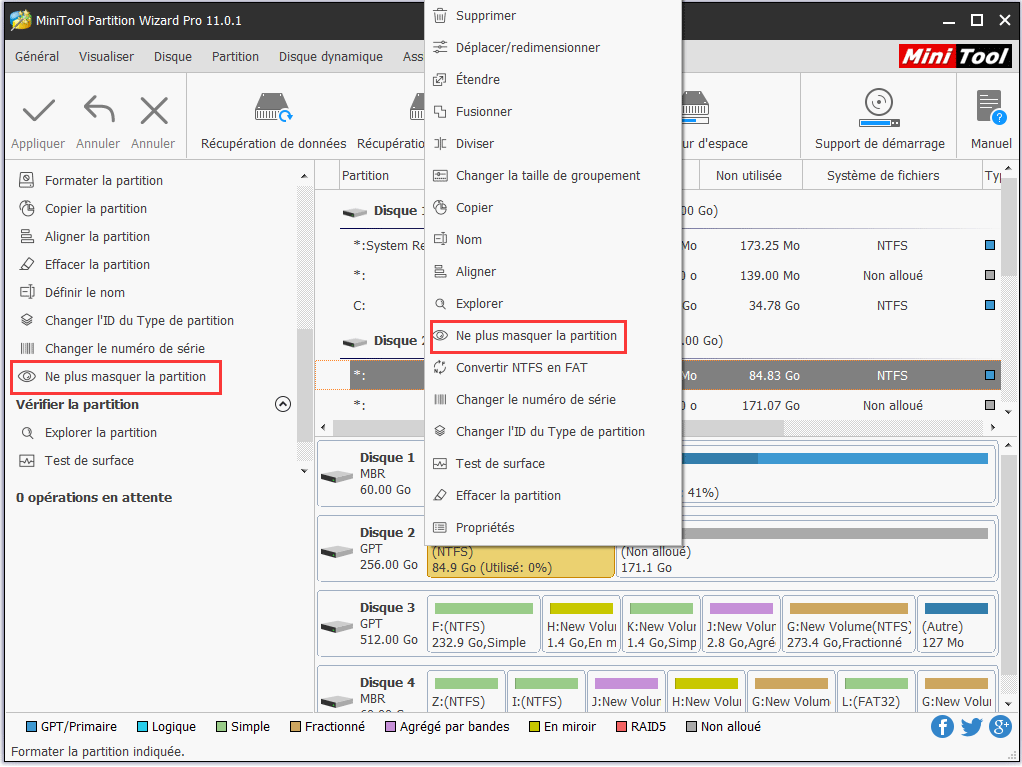 choisissez Ne plus masquerla la partition